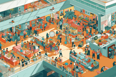 商场中庭机场的美食广场插画