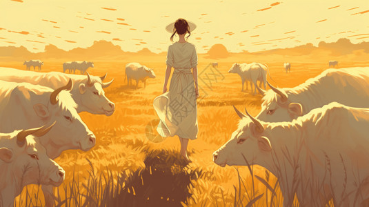 大草原上牛群牛群中的少女插画