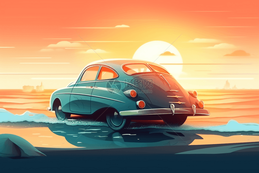 日落海边的汽车图片