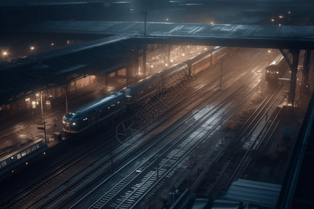 黑夜里的建筑黑夜里的火车站铁轨背景