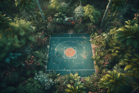 室外篮球场周围植物图片