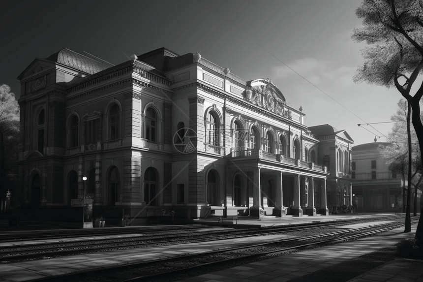 火车站宏伟外观的黑白照片图片