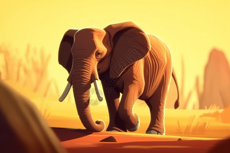 黄昏大象行走在草原上的大象插画
