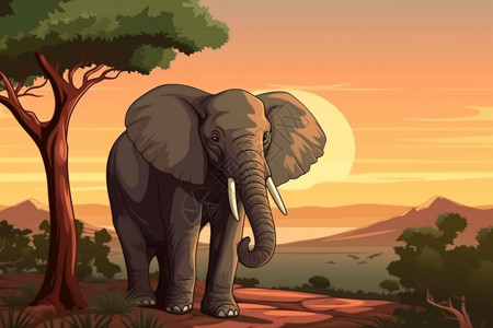 黄昏大象大象在树荫下休息插画