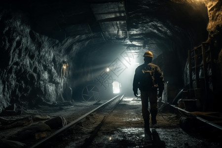 矿车采矿工人在隧道背影插画