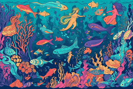 彩色插画海底世界鱼图片