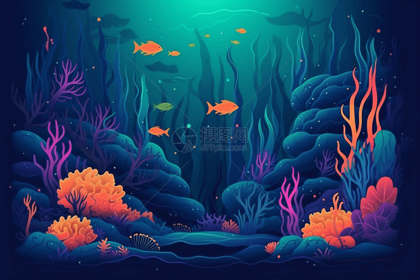 彩色插画海底世界珊瑚图片