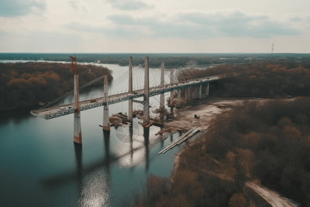 工人在河上架桥图片