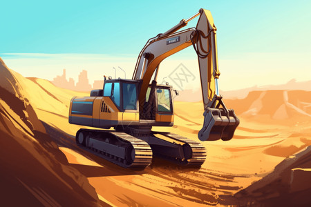 机械液压泥沙地上的挖掘机插画