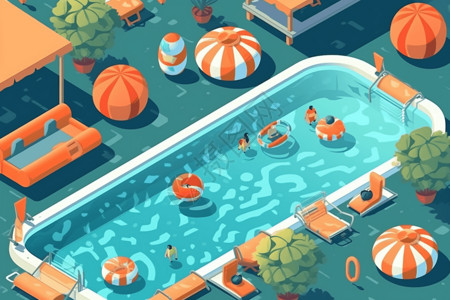 夏季防溺水宣传插画风泳池救生圈插画