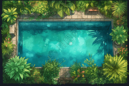被植物包围的泳池背景图片