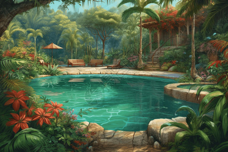 热带雨林内的泳池高清图片