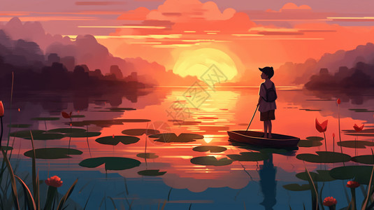 日落时小男孩在荷塘钓鱼图片