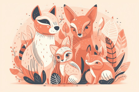 橙色插画狐狸家庭成员图片