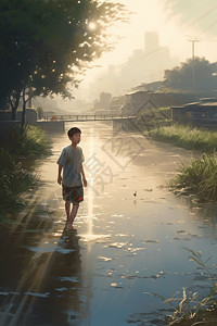 一个中国小男孩在河边玩耍图片