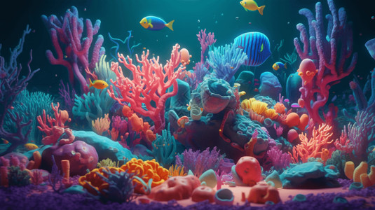 在海底素材一群小鱼在珊瑚礁旁游玩插画