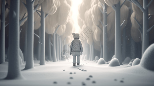 卡通背影穿越白雪皑皑的森林设计图片