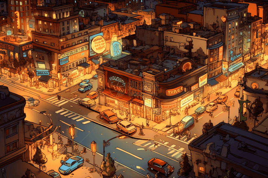 繁华的城市街道插画图片