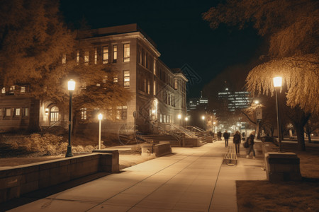走在夜间大学马路上图片