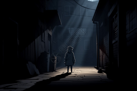 黑暗小巷中的神秘卡通人物背景图片
