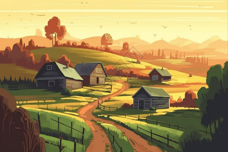 农村风格平面风格的卡通农场插画
