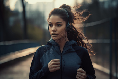 带着耳机跑步的女性图片