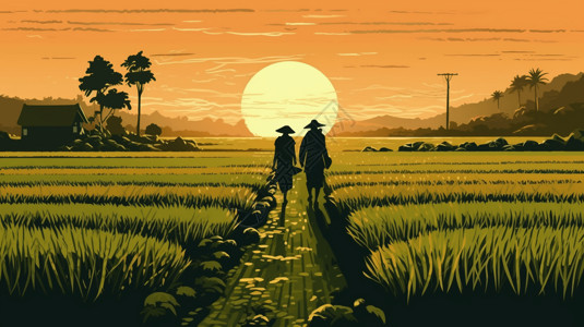 农民夫妇漫步在稻田里的夫妇插画