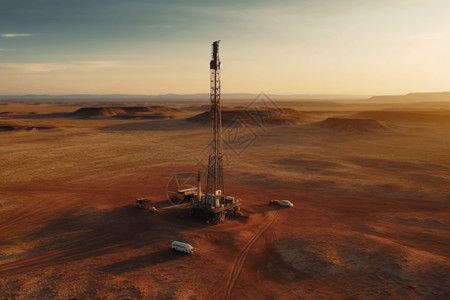 在广阔的沙漠中的大型钻机图片