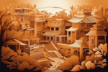 山西建筑山西乔家大院剪纸插画