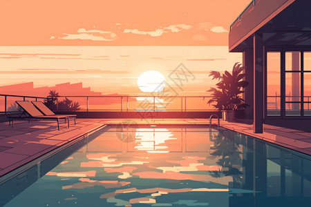 落日泳池图片