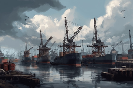 有货船和起重机的港口插画