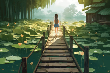一个年轻的女孩沿着一座木桥行走高清图片