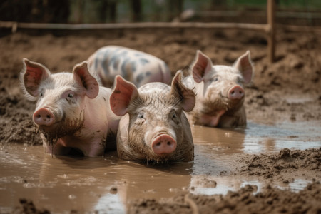 猪在户外泥泞的土中背景图片