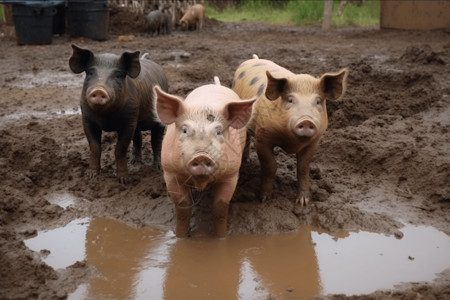 一群猪在户外泥泞的土壤中图片
