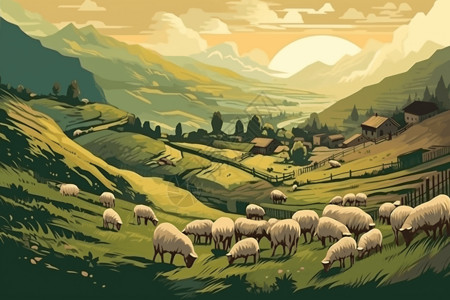 绵羊放牧的场景背景图片