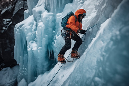攀岩插画攀冰者登上冰冻瀑布的插画背景