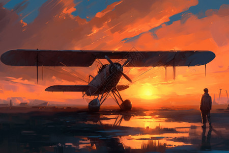日落的夕阳和飞机背景图片