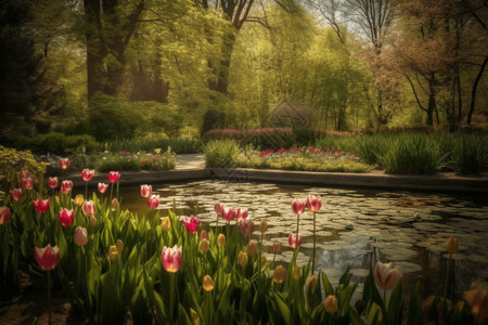 在花园池塘里郁金香花园设计图片