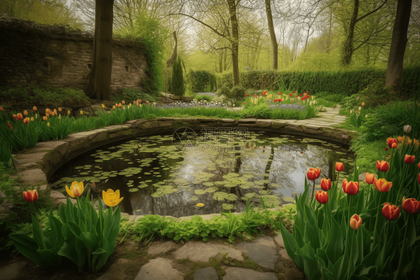带池塘的郁金香花园图片
