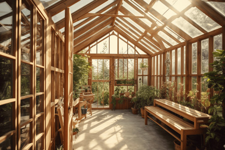花园特写木制的温室建筑设计图片