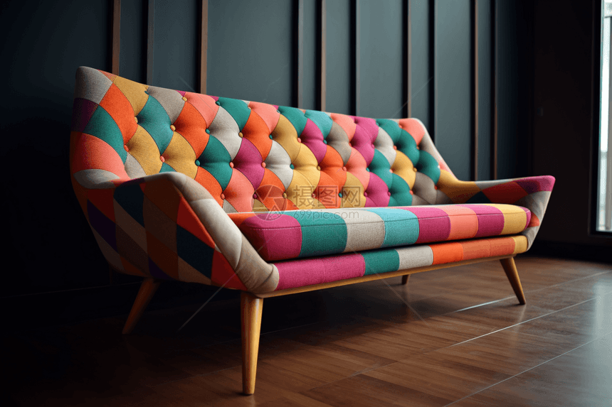世纪中叶的现代沙发，带扭曲: 对角线视图，彩色背景，时髦的风格，自然采光。，高清图片