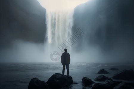 薄雾素材一个人站在巨大的瀑布前设计图片