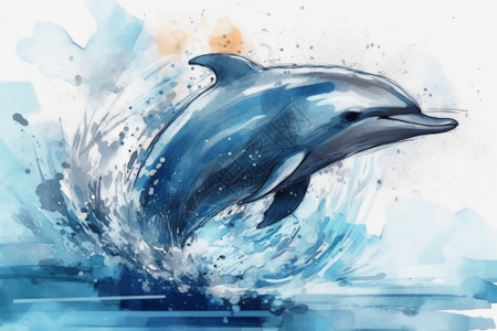 素描风格素材海豚跳跃海洋背景水彩插画