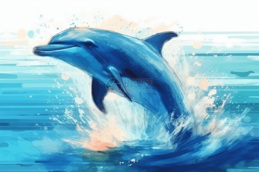 海豚跳跃海洋背景水彩素描风格图片