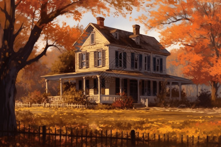 秋天里的农舍唯美水粉背景图片