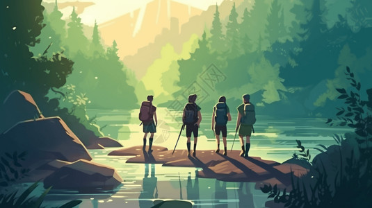 年轻人在森林徒步旅游插画背景图片