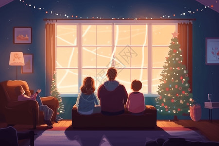 家居一家人圣诞氛围中的一家人插画