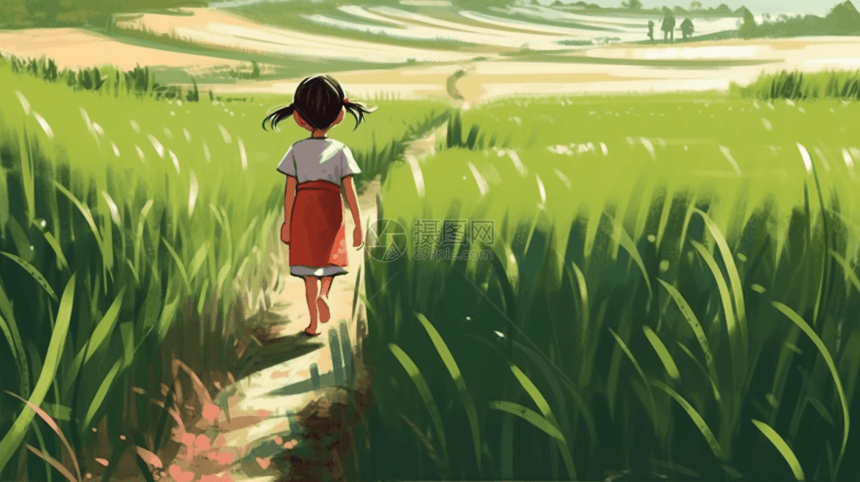 徘徊在绿色稻田中的小女孩图片