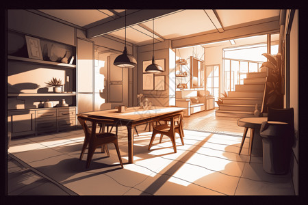 家居餐厅设计阳光下的客厅插画
