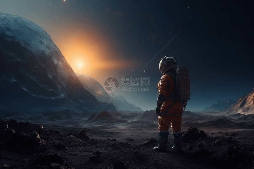 宇航员站在外星世界的表面图片
